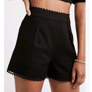 Express High Waisted Linen-Blend Eyelet Lace Trim Shorts - Black - Size 0